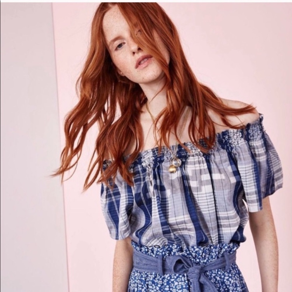 ULLA JOHNSON ‘amania’ plaid off shoulder top